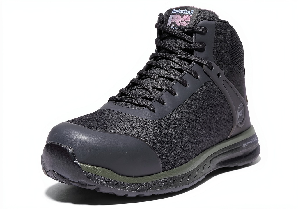 Installing Timberland PRO Work Shoes Anti Fatigue Footbed Black Mens on a wooden desk