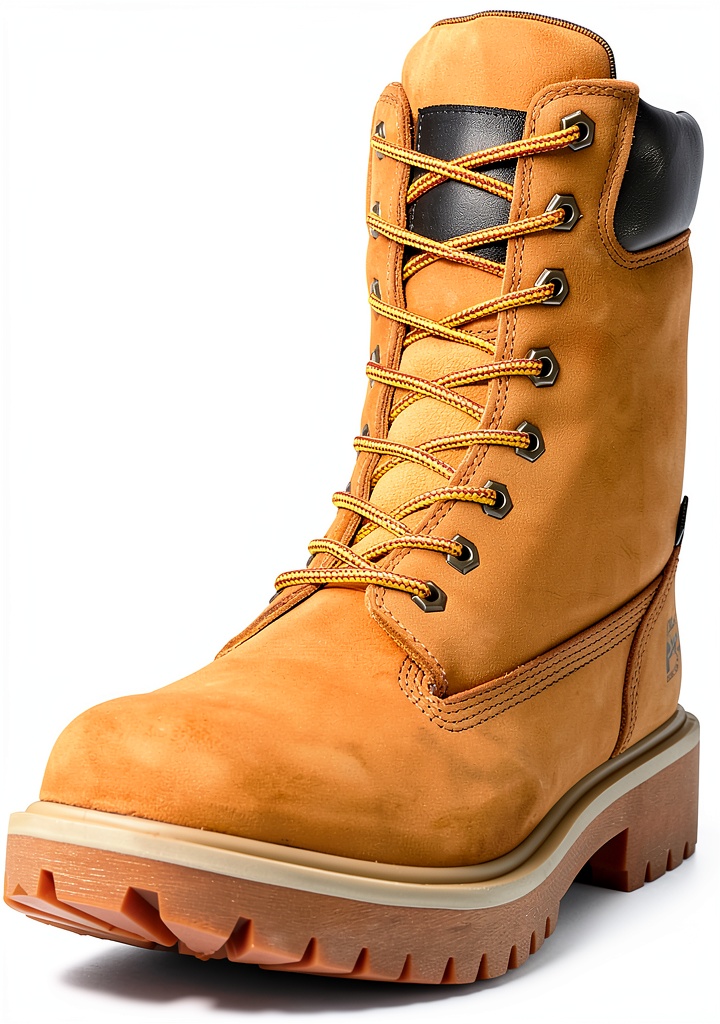 Installing Timberland PRO Wheat Boots Steel Toe Waterproof Work Shoes on a wooden desk