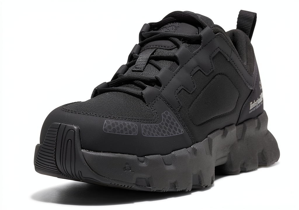Timberland PRO work shoes in Grey/Orange V1 color on a workbench
