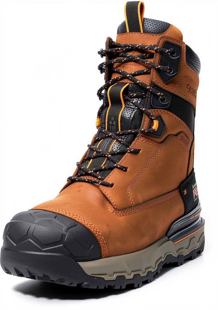 Installing Timberland PRO Safety Boots Waterproof Composite Toe on a wooden workbench