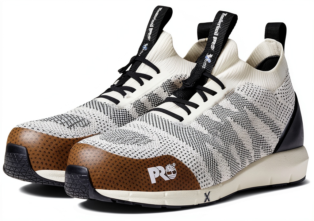 Timberland work shoes in Grey/Orange color on a worksite