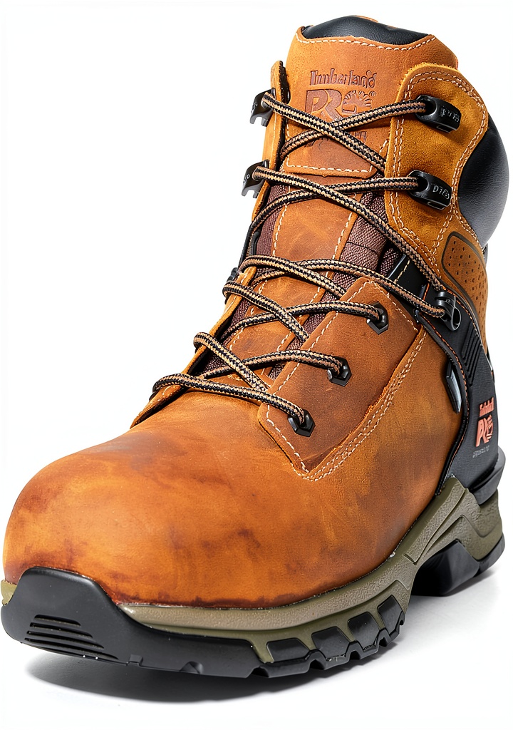 Timberland PRO work boots in brown distressed color on worksite
