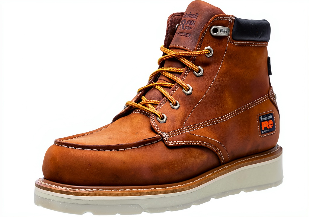 Installing Timberland PRO waterproof work boots on a wooden desk