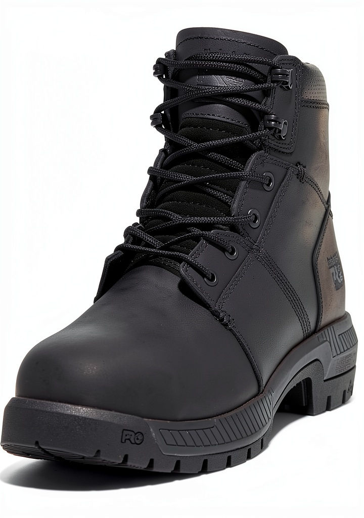 Installing Timberland PRO Mens Work Boots Steel Toe Safety Comfort on a wooden workbench