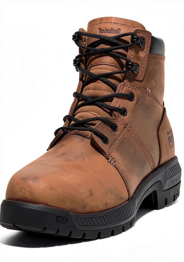 Unboxing Timberland PRO steel toe work boots on a wooden workbench, showing full‑grain leather and steel toe cap