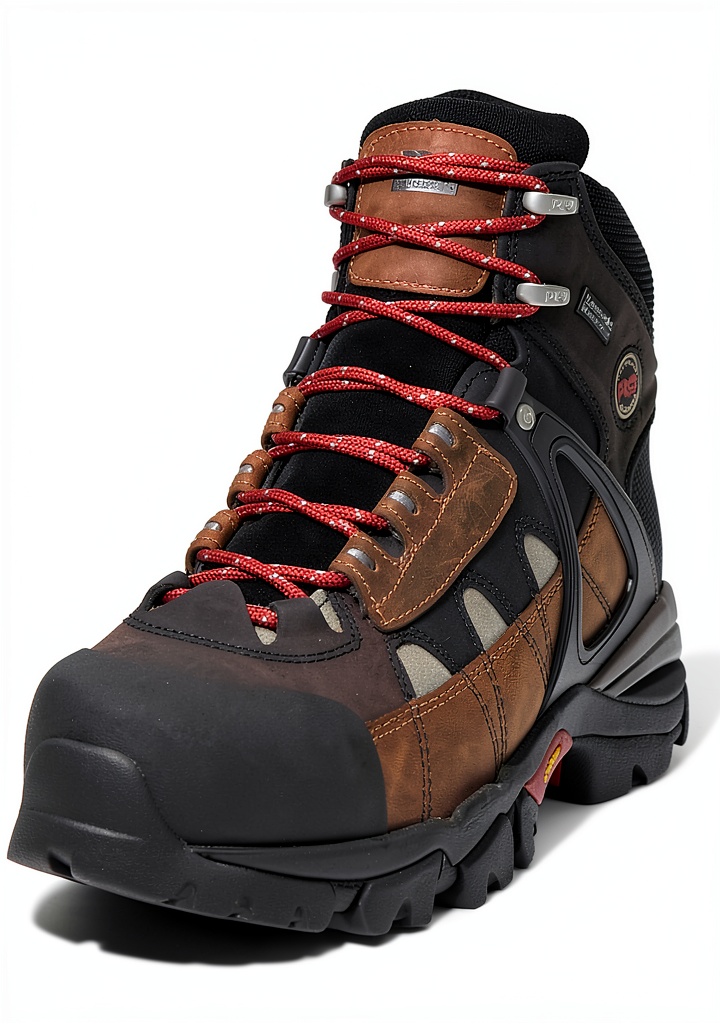 Installing Timberland PRO Brown Work Boots Waterproof Safety Toe on a wooden desk