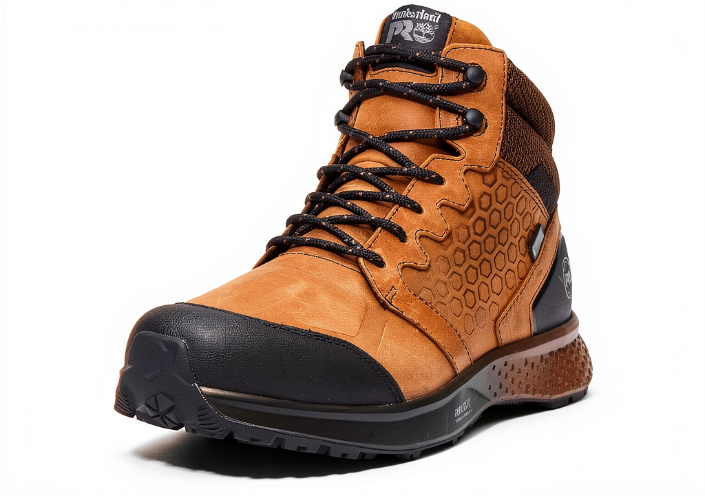 Installing Timberland PRO Waterproof Work Boots Anti‑Fatigue Mens Brown on a wooden desk
