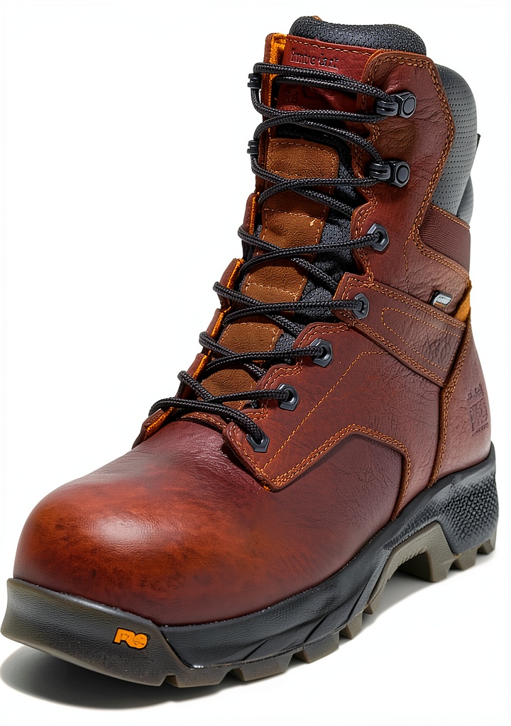 Installing Timberland PRO Brown Work Boots Anti‑Fatigue Waterproof on a wooden workbench