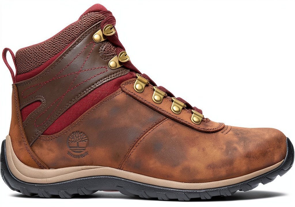 Timberland womens hiking boots in dark brown on a rocky trail