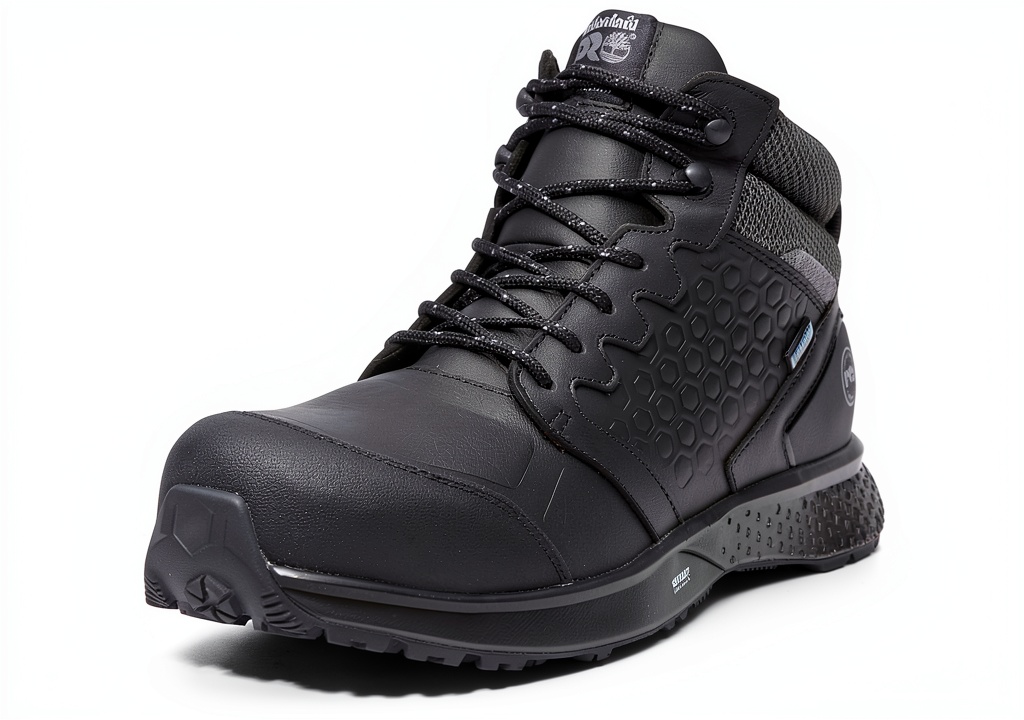 Installing Timberland PRO Anti‑Fatigue Waterproof Work Boots on a wooden workbench