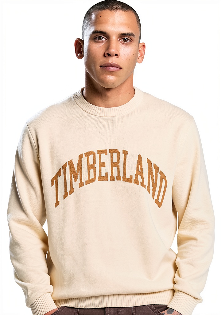 Timberland men's pullover sweater in black and white colors displayed on a model