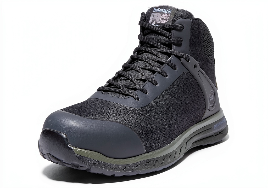 Timberland PRO work shoes in black on a workbench