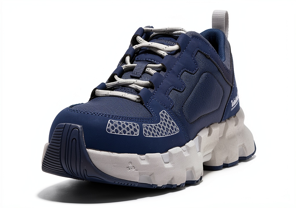 Timberland PRO work shoes in Grey/Orange V1 color on a workbench